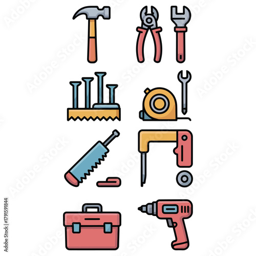 Professional toolkit icons with hammer wrench pliers and drill vector