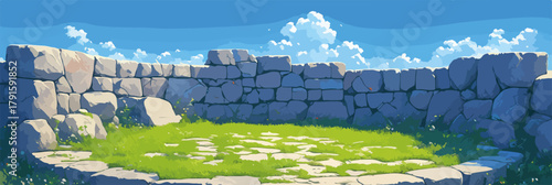 Eine Vektor-Illustration einer alten Steinmauer, die einen grünen, grasbewachsenen Innenhof umgibt, unter blauem Himmel mit Wolken.