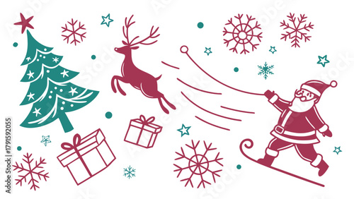 Modern flat Christmas illustration showcasing winter symbols including reindeer, mittens, stockings, hot chocolate mug, snowy cabin, wrapped presents, snowman