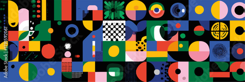 Abstrakte geometrische Muster mit lebendigen Farben und verschiedenen Formen auf schwarzem Hintergrund.