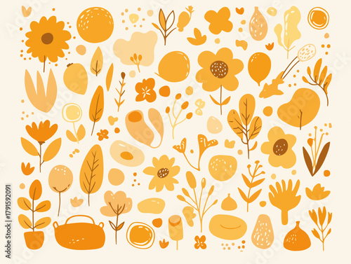 Vektor-Illustration von verschiedenen abstrakten organischen Formen und Blumen in warmen Gelb- und Orangetönen