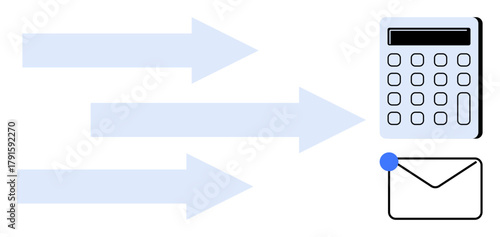 Arrows flow toward calculator and email with notification dot, highlighting workflow automation, data analysis, notification systems, digital communication, finance, productivity, simple flat