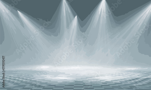 Vektor-Bühnenbeleuchtung mit Scheinwerfern, die Nebel und ein kariertes Muster auf dem Boden beleuchten.