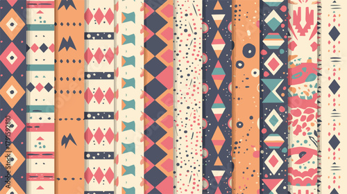 Vektor Muster Kollektion: Geometrische und ethnische Designs in warmen Farben für Dekoration und Textilien.