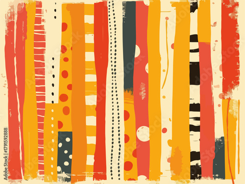 Abstrakte Vektor-Collage mit vertikalen Streifen, Punkten und Texturen in warmen Farben.