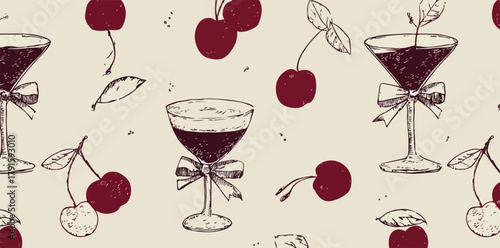 Nahtloses Muster mit handgezeichneten Kirschen und Cocktailgläsern mit Schleifen, Vektor