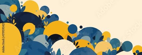 Abstrakte Vektorillustration mit organischen Formen und Blättern in Blau und Gelb