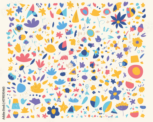 Bunte, abstrakte Vektor-Elemente und Muster mit Blumen, Formen und Sternen für Design und Dekoration.