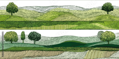Detailreiche Vektor-Illustration von hügeliger Landschaft mit Bäumen und Bodenschichten, Naturmotiv