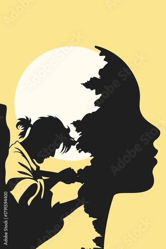 Surreal illustration of an artist carving a fragmented human head, symbolizing inner transformation, emotional healing, self-reconstruction, and the creative reshaping of identity.