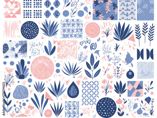 Vektor-Sammlung von abstrakten botanischen Elementen, Mustern und geometrischen Formen in Rosa und Blau