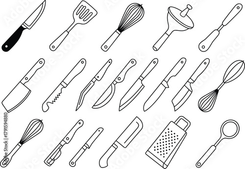 Set of black and white kitchen utensil line illustrations — knives, whisks, spatulas, and cooking tools outline vector icons