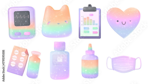 Cute pastel illustration of medical and health-related objects on transparent background