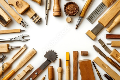 Assorted vintage wooden craft tools arranged around a white surface design