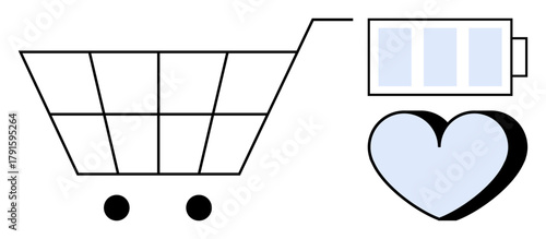 Shopping cart next to a battery and heart highlights sustainable shopping, energy efficiency, eco-friendly consumption, and care. Ideal for retail, sustainability, eco-consciousness, commerce, energy