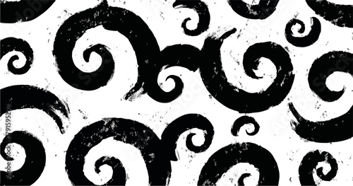 Abstrakte schwarze Wirbelmuster auf weißem Hintergrund, Vektor-Illustration mit grobem Pinselstrich-Effekt.