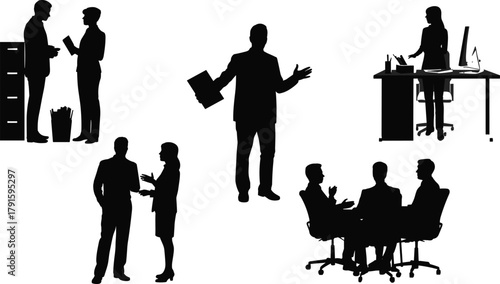 Set of black silhouettes of business people working, meeting, presenting, and communicating in office environment, vector illustration