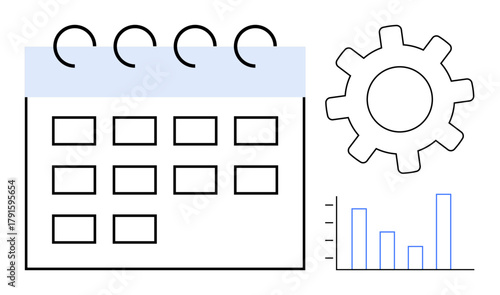 Calendar with ring binders, gear symbol, and bar chart signifies planning, process management, and data analysis. Ideal for productivity, organization, workflow, business analytics time management