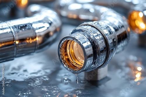 Chrome Pipe Fitting with Water Droplets and Internal Reflections in Shallow Focus Detail