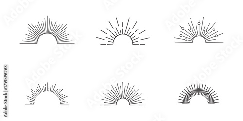 Collection of hand drawn boho sunburst and sunrise icons Radial fireworks burst, sunset and sunrise, star beams, sparkle elements. eps 10