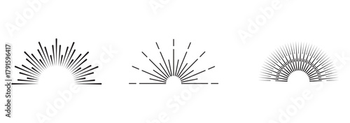 Boho sunburst, sunset beams collection. Boho style, modern minimalist bohemian design. Hand drawn bursting sun, light rays. Logotype or lettering retro design element eps 10