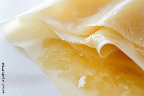 Closeup of Light Yellow Kombucha SCOBY Texture, Layers, and Wet Surface on White Background