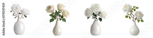 Elegant white roses bloom gracefully in minimalist vases, radiating purity and calm, perfect for adding a touch of sophistication and serenity to any space