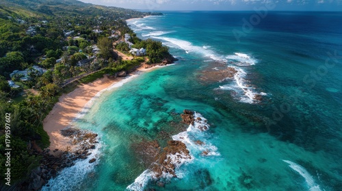 Breathtaking aerial view of a pristine tropical beach, clear turquoise ocean, and lush green island landscape with coastal villas.