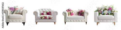 Elegant collection of white armchairs, each adorned with unique floral arrangements, perfect for home decor inspiration, interior design projects, and spring promotions