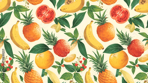 Fototapeta Naklejka Na Ścianę i Meble -  Seamless pattern with tropical fruits and leaves on light background wallpaper 4k, generative ai