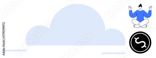 Large cloud centerpiece, seated meditating figure, dollar coin icon representing cloud services, balance, and financial growth. Ideal for technology, finance, mindfulness, balance growth