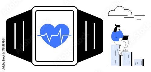 Smartwatch displaying heartbeat data alongside woman using laptop while seated on bars. Ideal for health, productivity, technology, fitness, growth, data analysis, remote work. Simple flat metaphor