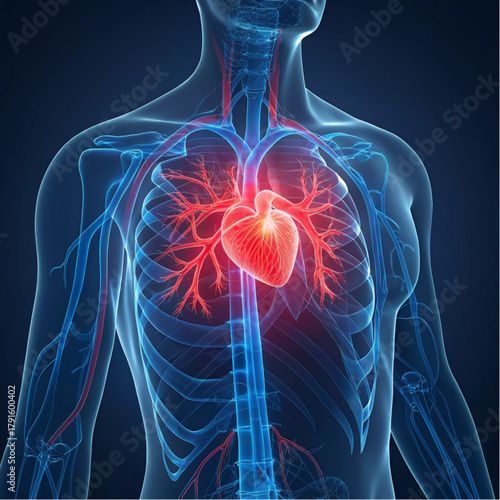 A glowing, detailed 3D rendering of the human heart within the rib cage