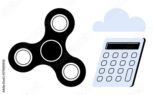 Fidget spinner symbolizing focus paired with a calculator under a cloud element conveying productivity, problem-solving, creativity, mental health, education, brainstorming, and simple flat metaphor