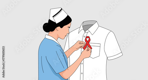 World AIDS Day Healthcare Worker Placing Red Ribbon on Uniform for Awareness