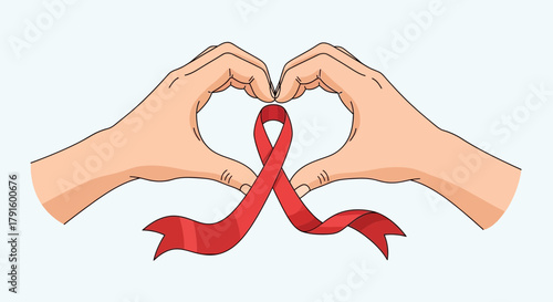 World AIDS Day Hands Forming Heart with Red Ribbon - Symbol of Support and Awareness