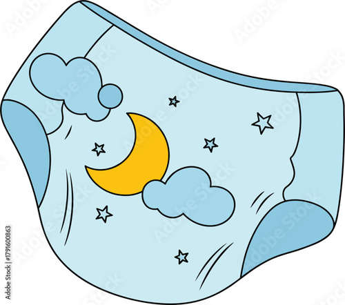 Cartoon Vector Baby Diaper with Moon and Stars Design, Overnight Nappy, Infant Nighttime Care Product Illustration