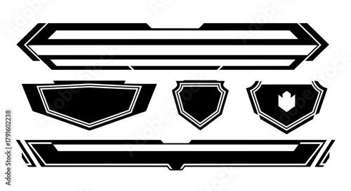 Set of black vector graphic elements. Modern futuristic shields, banners, and emblems perfect for gaming logos, esports team insignia, and tech branding.