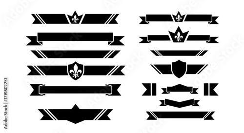 A collection of black vector heraldic ribbon banners. Features classic scrolls with fleur-de-lis, crowns, and shields for vintage logos and emblems.