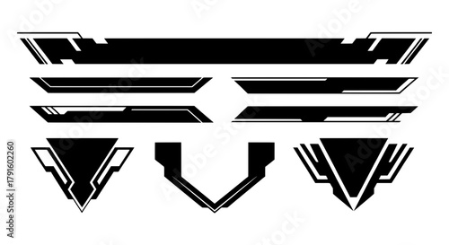 Set of aggressive black vector graphics. Features sci-fi banners and sharp triangular shields perfect for esports logos, tech branding, or futuristic design.