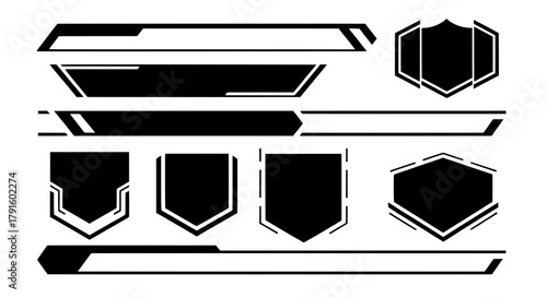 A versatile collection of black vector graphics. Features sci-fi tech shapes, futuristic banners, and modern shields for HUD, UI game design, or emblems.