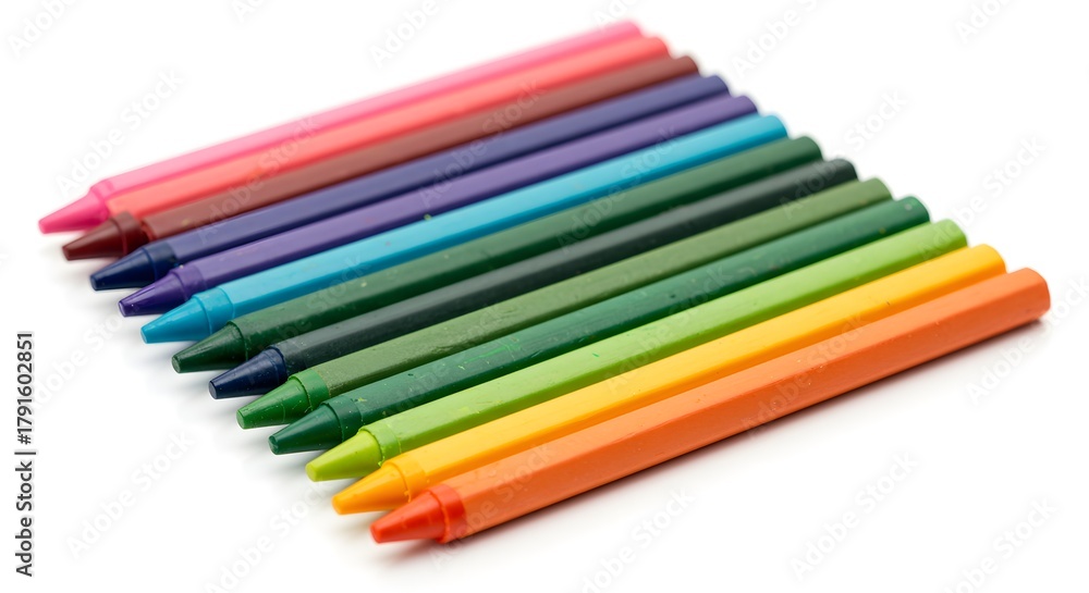 Fototapeta premium Vibrant Rainbow Spectrum of Wax Crayons on White Background, Art Supplies for Creativity and Education