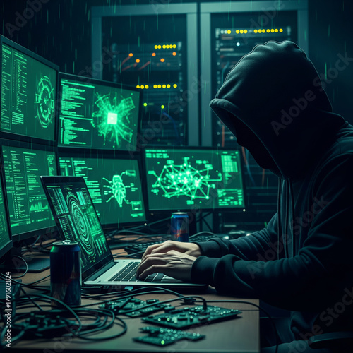 Cyber Security Threat Hacker in Dark Room with Data Center and Coding Displays  Data Breach, Digital Crime, Cyberattack.