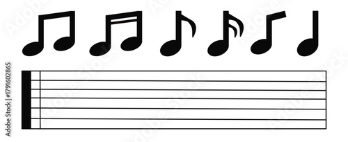 Vector illustration set of music note icons, melody, song, tone. Musical key symbol.