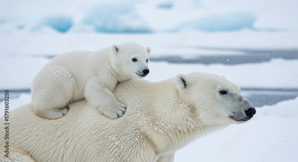 Fototapeta premium A polar bear cub sitting on top of its