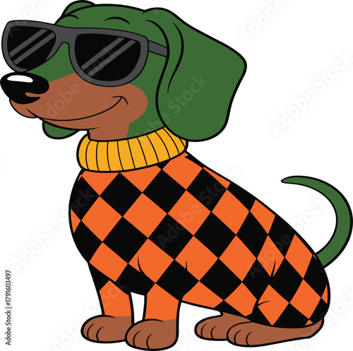 Cool Cartoon Dachshund Dog Vector Mascot, Sunglasses, Argyle Sweater, Funny Pet Character, and Retro Style