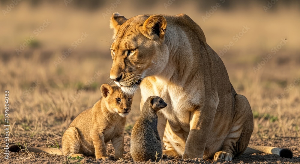Naklejka premium Lioness and her cubs sitting together