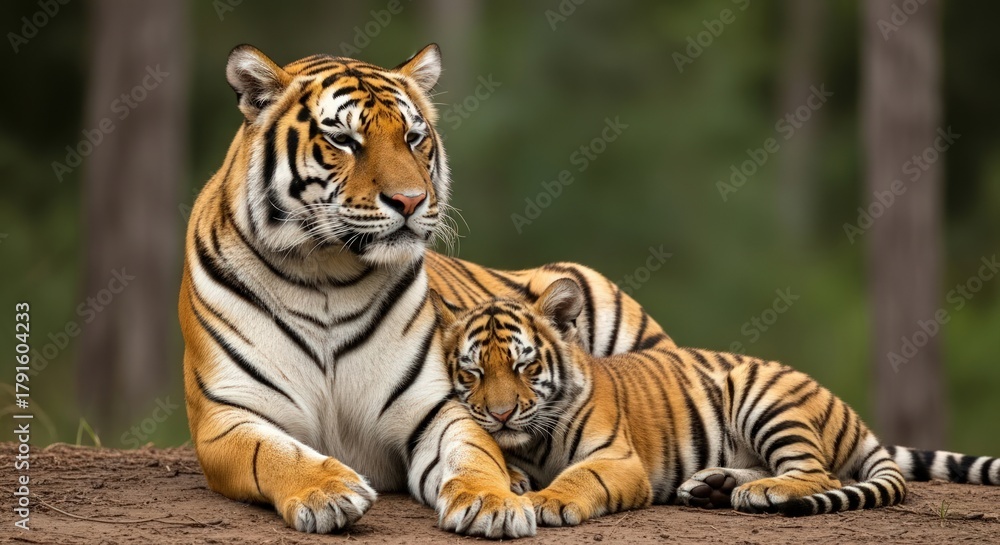 Fototapeta premium A large tiger and a smaller tiger cub