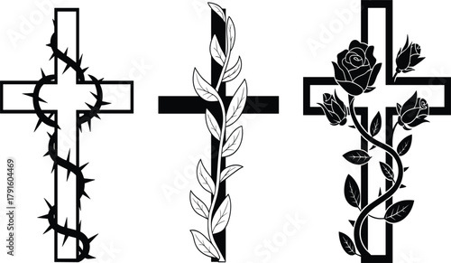Vector Christian Cross Set with Thorns, Rose Vines, and Leaves, Black and White Religious Symbolism Graphic