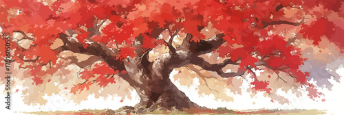 Vektor-Illustration eines alten Baumes mit leuchtend roten Herbstblättern, künstlerischer Stil